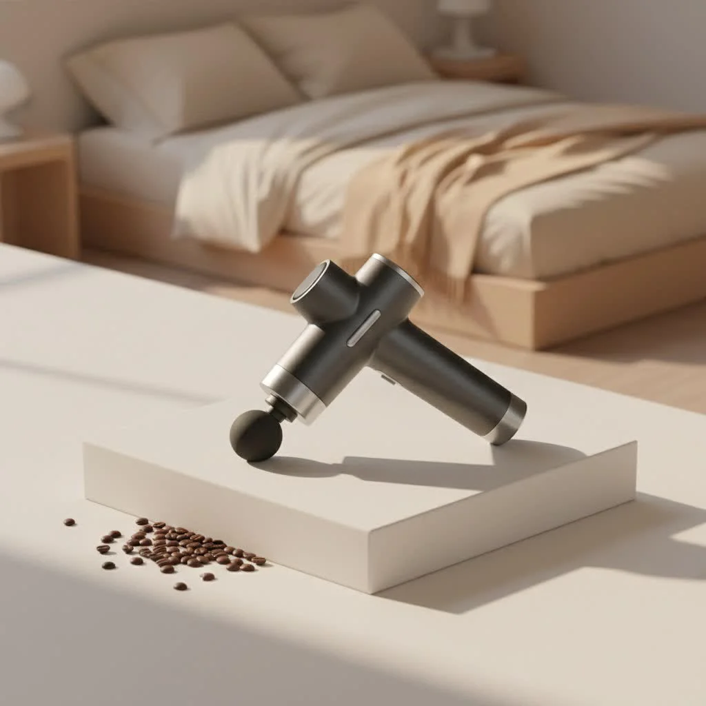 Pursonic massage gun with various attachments on a dark background
