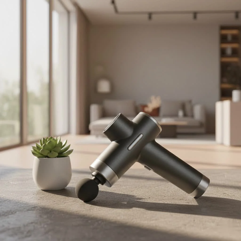 Hyperice massage gun on a table with various attachments