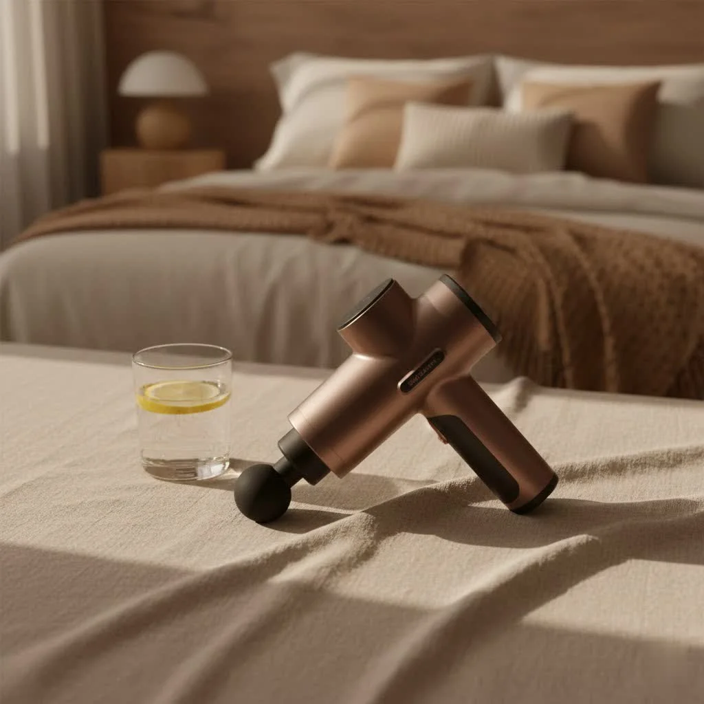 Person using a massage gun on their neck for lymphatic drainage