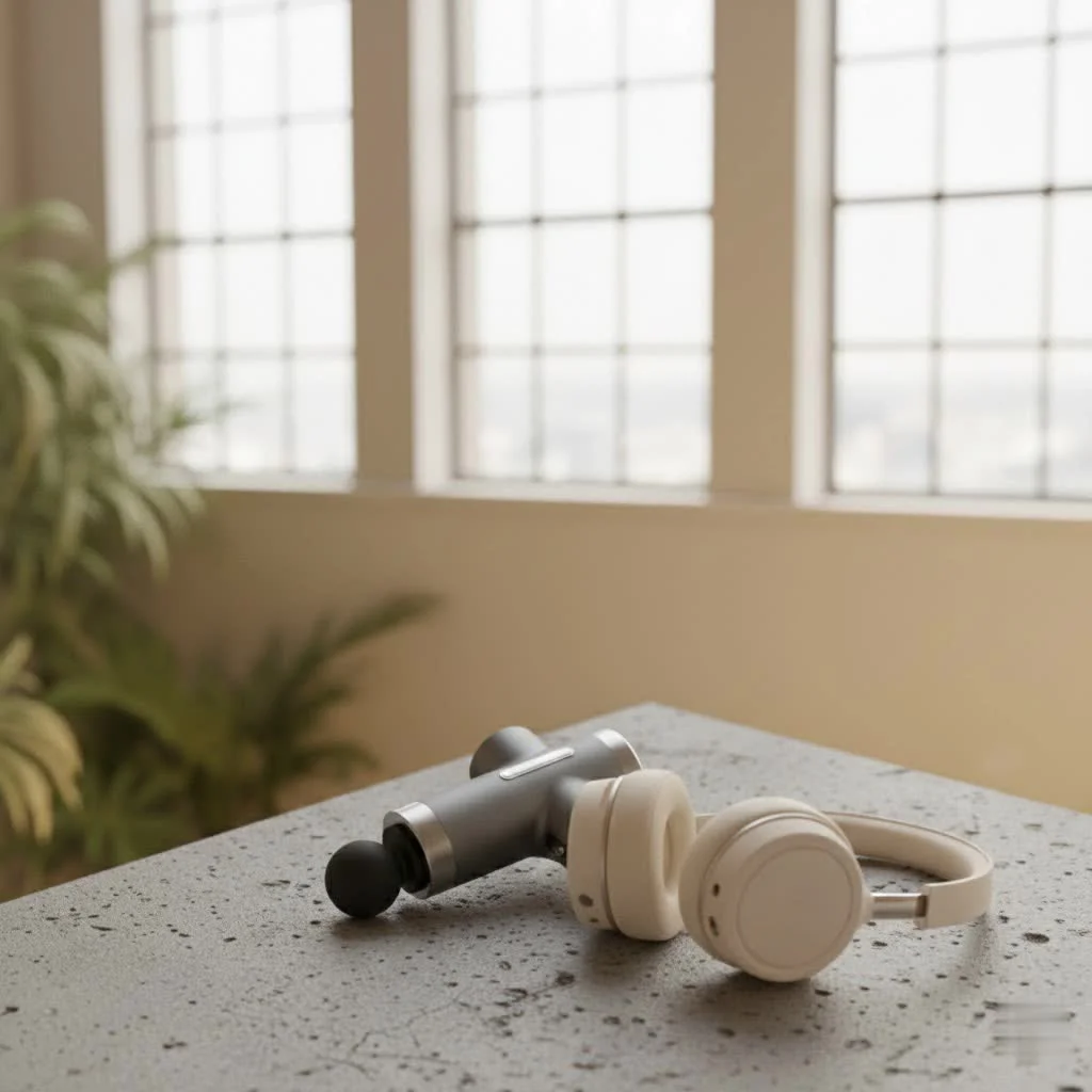 Person using a massage gun on their shoulder for muscle recovery