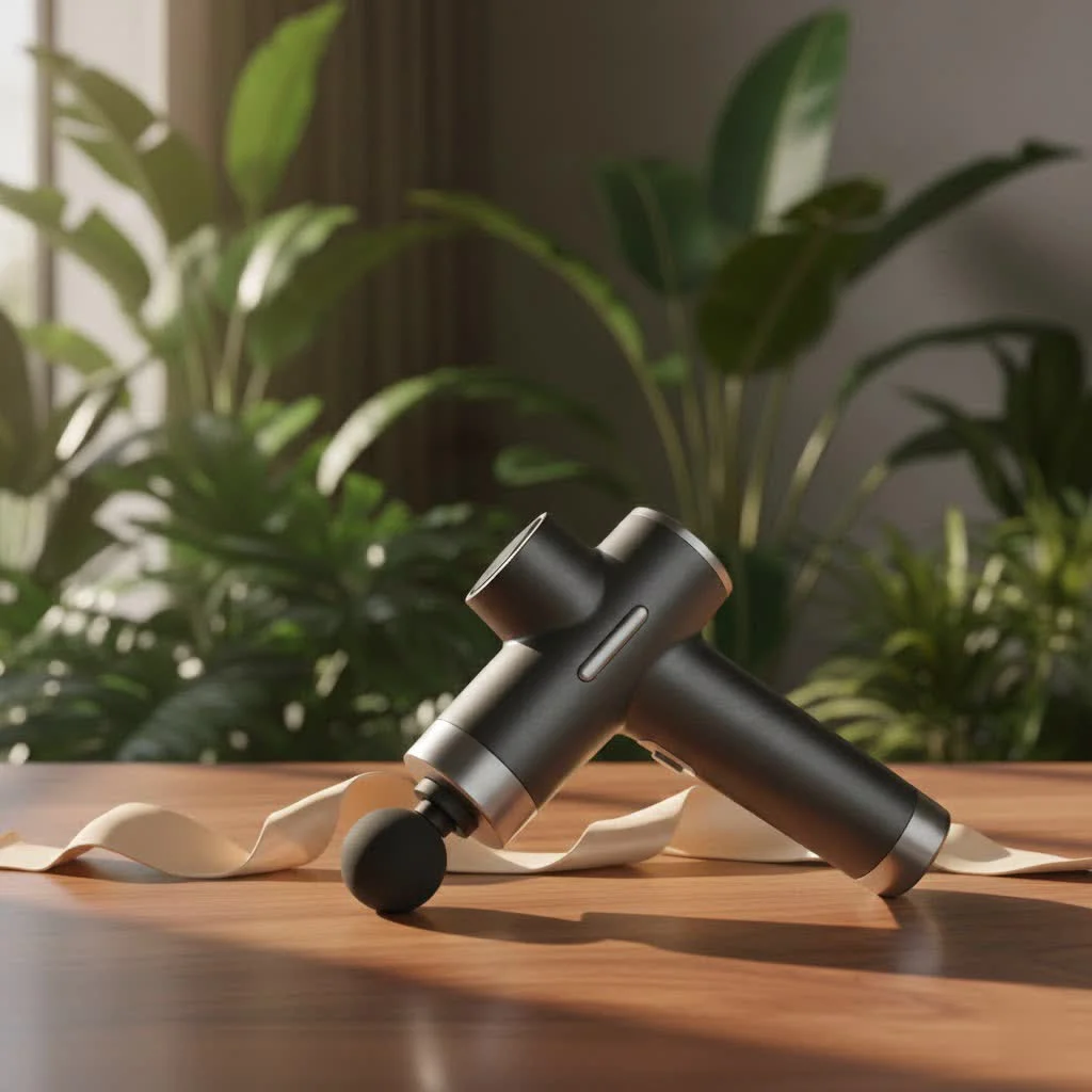 Renpho massage gun with various attachments on a dark background